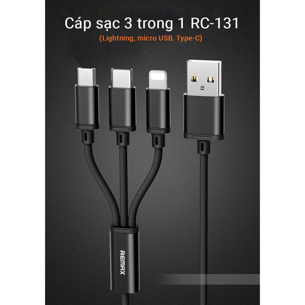 ⚡Giá Rẻ⚡ Cáp Sạc Remax 3 Đầu RC-131TH IPHONE - MICRO USB - TYPE C dây dù Lỗi 1 đổi 1