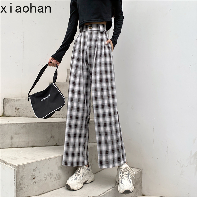 Xiaohan Lattice Wide-leg Pants Women's Drape Loose Straight Mopping High Waist Casual Trousers Gingham Plaid Pants