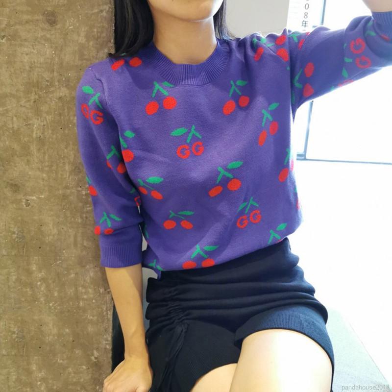 Women Autumn Knit Wool Clothing Cartoon Cherry Print Slim Long Sleeved Round Collar Slim Bottom Knit Sweater | BigBuy360 - bigbuy360.vn