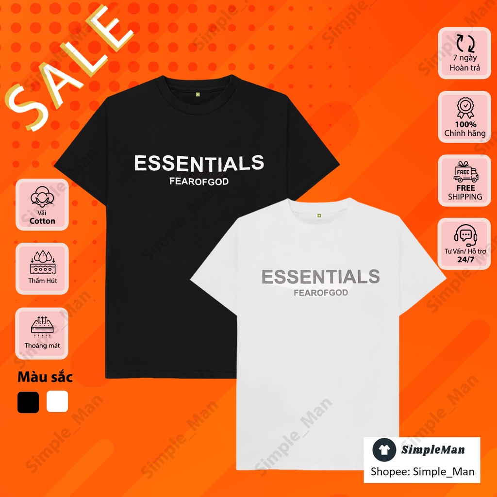 Áo thun nam cổ tròn tay ngắn phối in chữ Essentials đen trắng form ôm dáng chất vải thun cotton lạnh thoáng mát