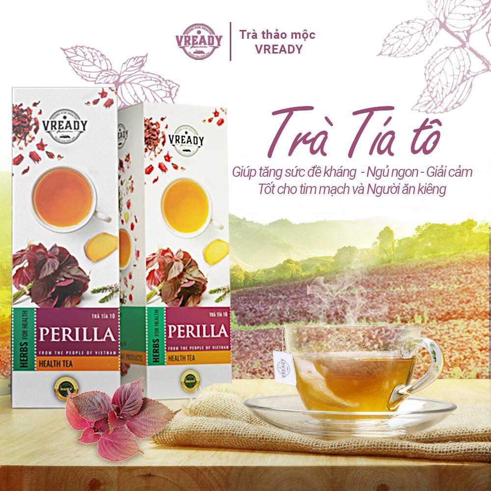 Trà tía tô Vready túi lọc thanh nhiệt, giải cảm, giảm cân hiệu quả, tạo giấc ngủ sâu, hộp 20 gói