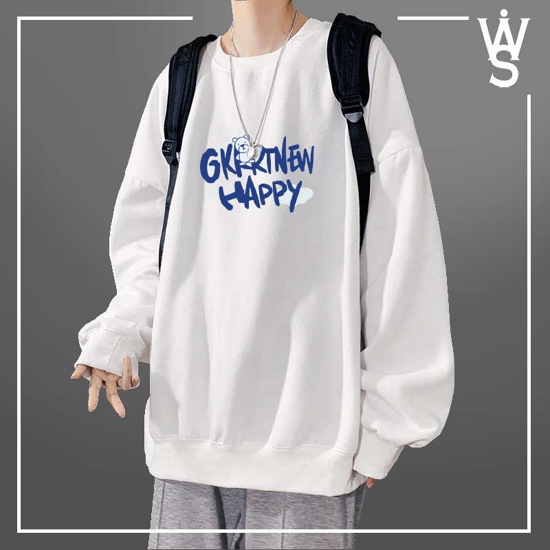 Áo Sweater nam nữ màu trắng, dáng rộng, chất liệu poly, in hoạ tiết chữ độc đáo theo phong cách Hàn.