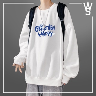 Áo Sweater nam nữ màu trắng, dáng rộng, chất liệu poly, in hoạ tiết chữ độc đáo theo phong cách Hàn.