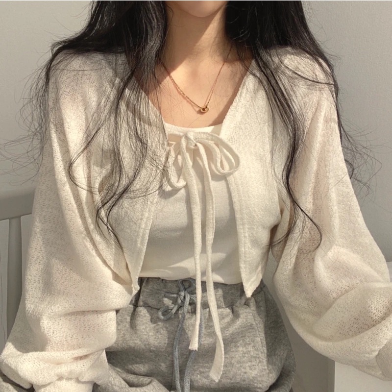 (SẴN) Áo khoác cardigan nữ Hàn Quốc, áo bánh bèo nữ tay bồng cột nơ chất vải mềm mại