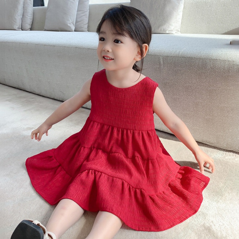 Đầm Công Chúa Mùa Hè Không Tay Hở Lưng Màu Trơn Cho Bé Gái Se7En