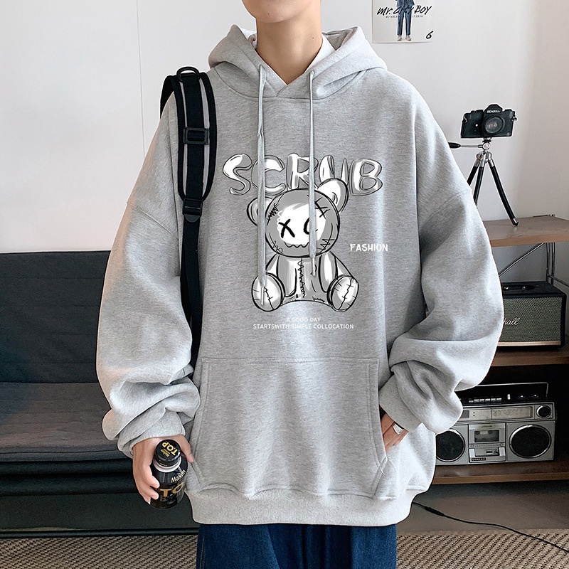 Áo hoodie AOKANG dáng rộng in hình gấu kiểu Hồng Kông thời trang xuân thu cho nam