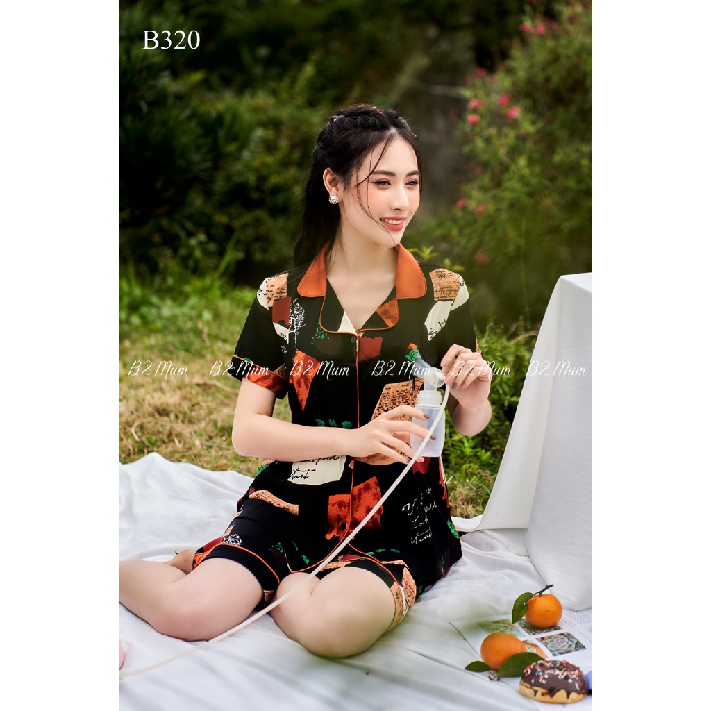 Bộ bầu mặc nhà pijama chất lụa hàn cao cấp có khóa cho bé ti, mặc sau sinh cho bé bú B2 MUM B320