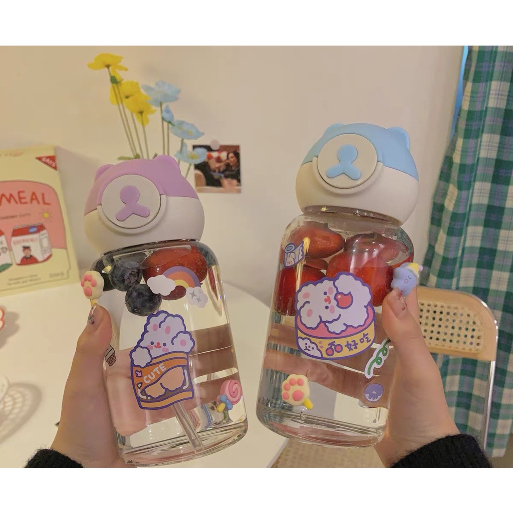 Bình nước gấu nhựa Cute - Tặng kèm ống hút + Túi gấu Da PU + Sticker 2D