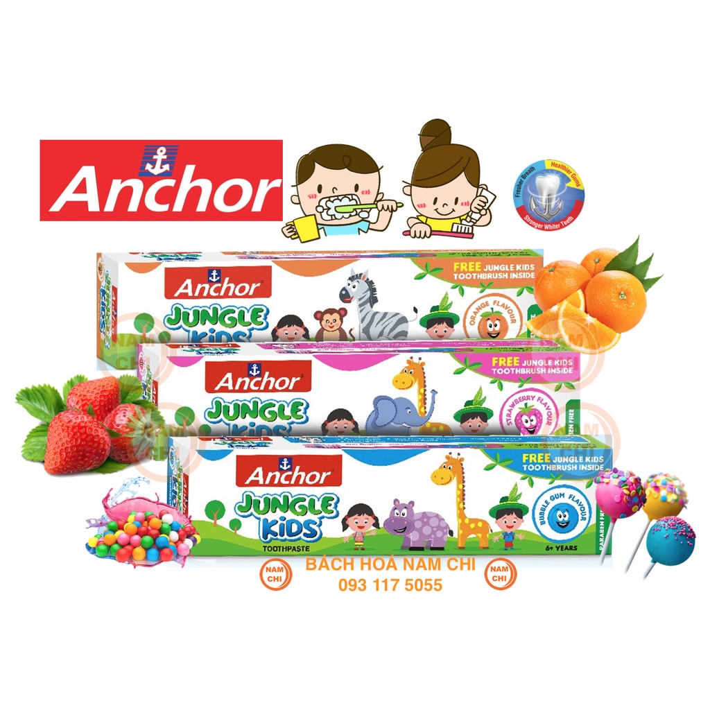 [TẶNG BÀN CHẢI] KEM ĐÁNH RĂNG CHO BÉ VỊ CAM DÂU KẸO ANCHOR JUNGLE KIDS 50G