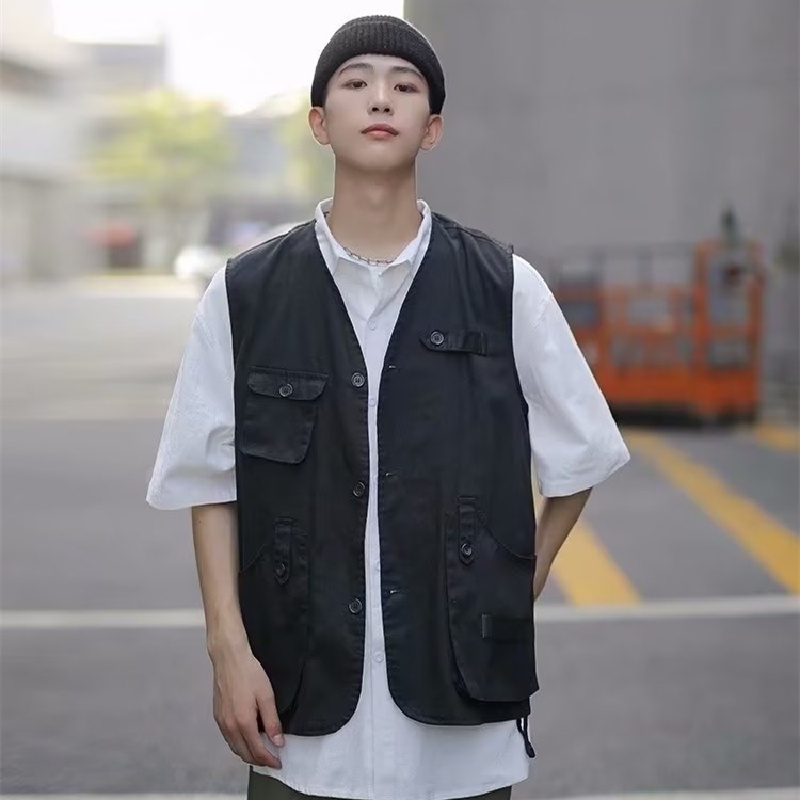 Áo Sơ Mi Không Tay Dáng Rộng Thoải Mái Nhiều Túi Phong Cách Hip Hop Đường Phố Nhật Bản Cho Nam [M-2XL]