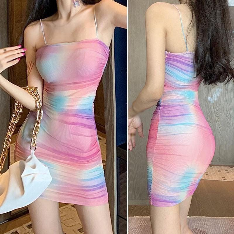 Thời Trang Đầm Hai Dây Ôm Dáng Hở Lưng Màu Cầu Vồng Gợi Cảm Cho Nữ