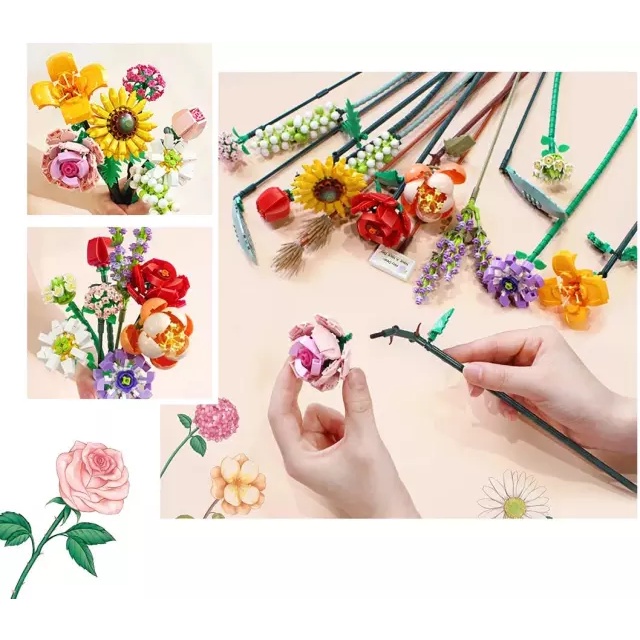 Bộ lắp ráp hoa, hãng Loz bộ xếp hình khối xây dựng bó hoa