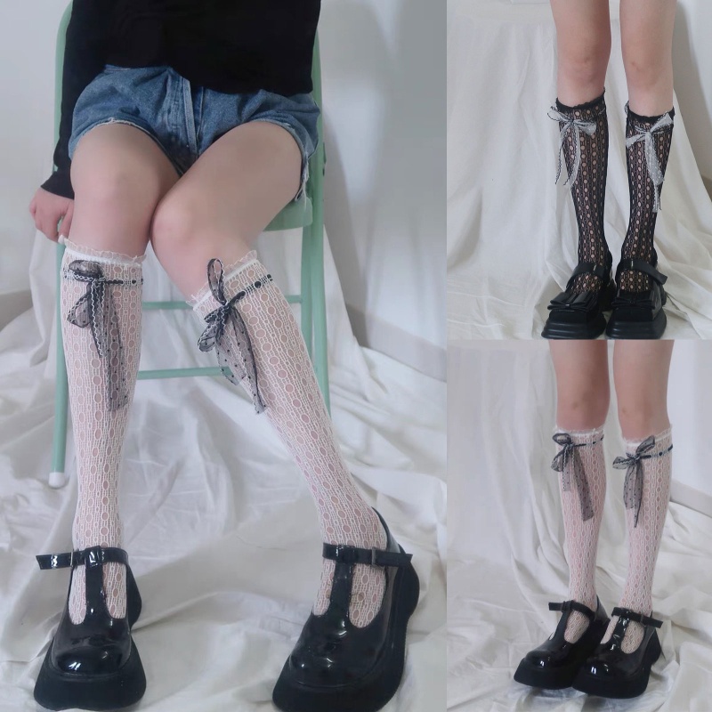 Tất dài đến đầu gối trang trí nơ ruy băng phong cách harajuku ngọt ngào xinh xắn cho nữ