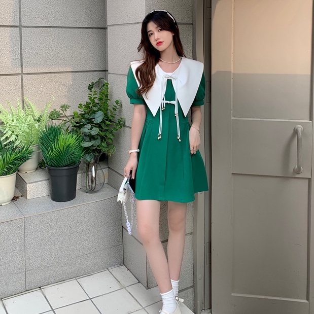 Đầm Phối Nút Thắt Nơ Màu Tương Phản Phong Cách Pháp Thời Trang Mùa Hè Dành Cho Nữ Plus Size