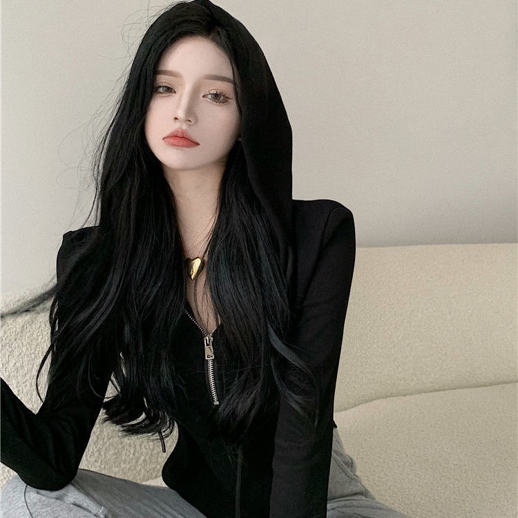 COZOK Áo thun hoodie tay dài phối khoá kéo