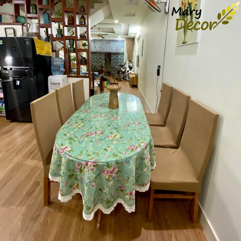 Khăn trải bàn ăn Mary Decor bằng vải lanh cotton chống bụi, Quà tặng 8-3 - họa tiết Hoa xanh vintage - KB-K04