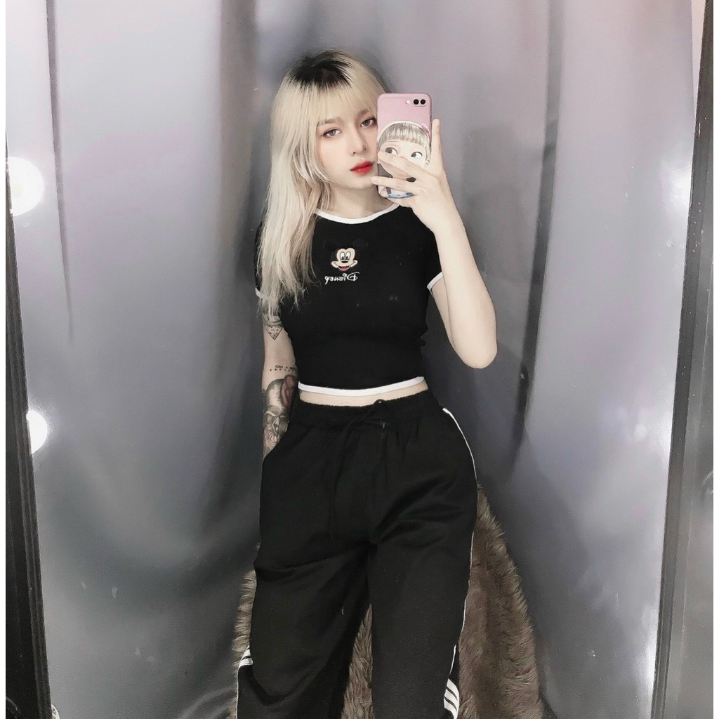 Áo croptop viền màu đen in hình chuột xinh chất bozip đẹp