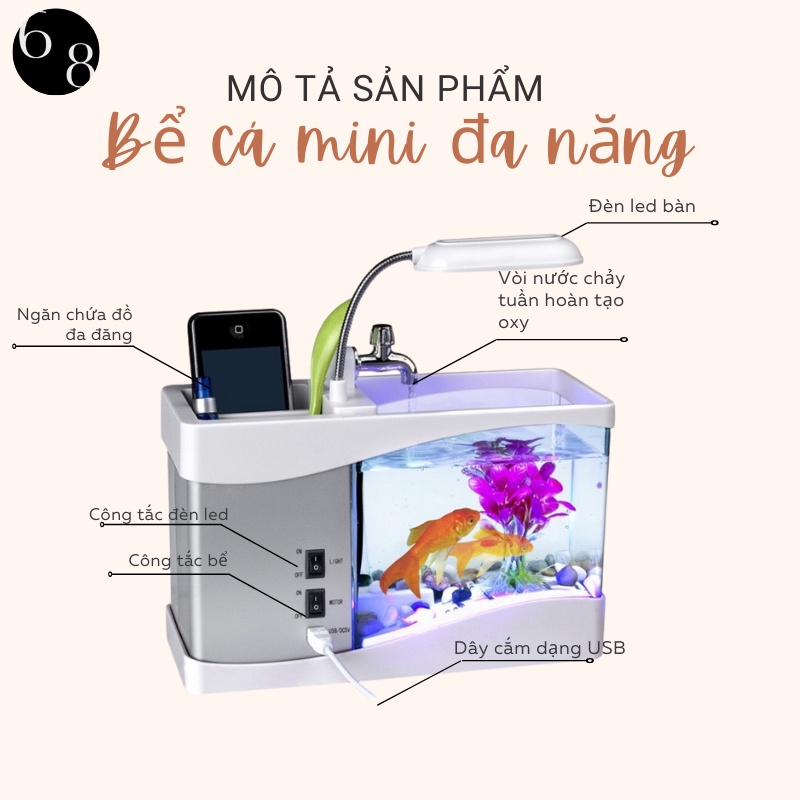 Bể Cá mini Phong Thủy 68 Hồ Cá cảnh thủy sinh để bàn