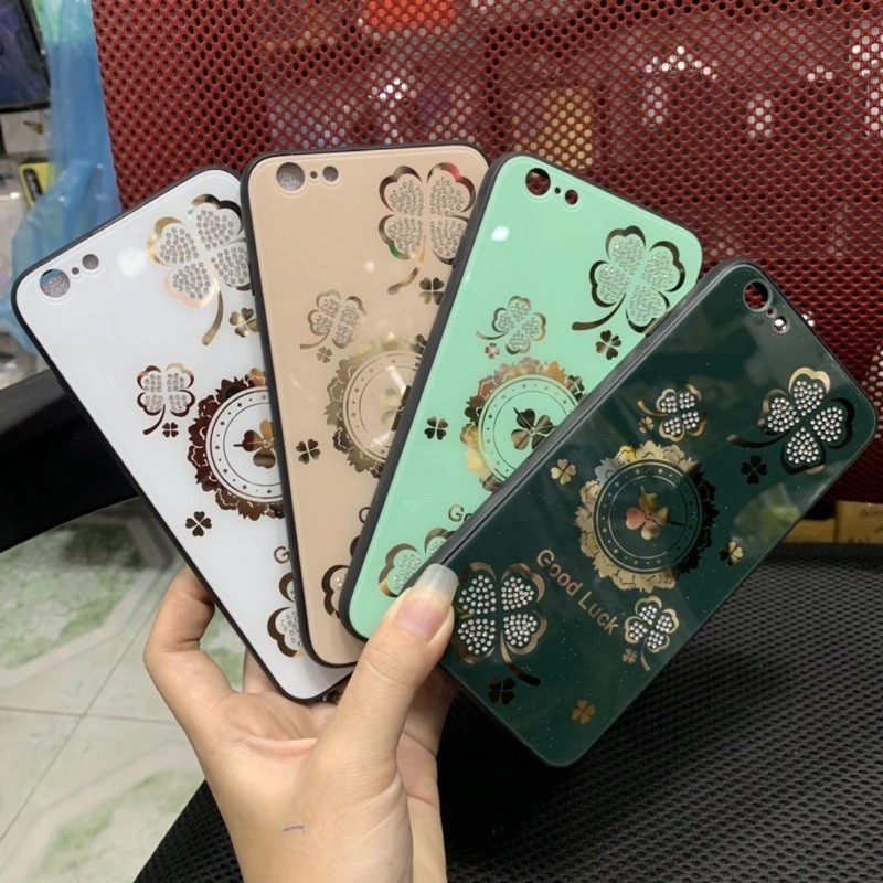 Ốp lưng iPhone 6plus 7plus 8plus Xsmax viền dẻo lưng kính cỏ 4 lá đính đá siêu đẹp