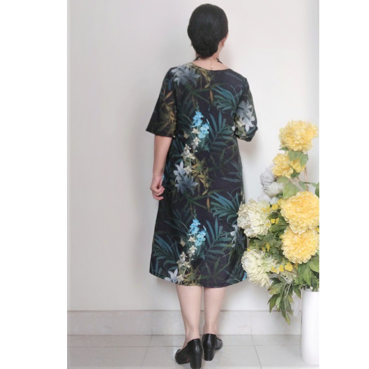 Váy Đầm Trung Niên Form Chữ A - Vải Lụa Đũi Không Co Giãn Mát - Size 50Kg - 85Kg