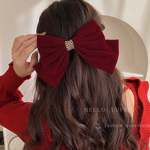 Kẹp tóc đính nơ màu đỏ/đen dễ thương thời trang cho nữ