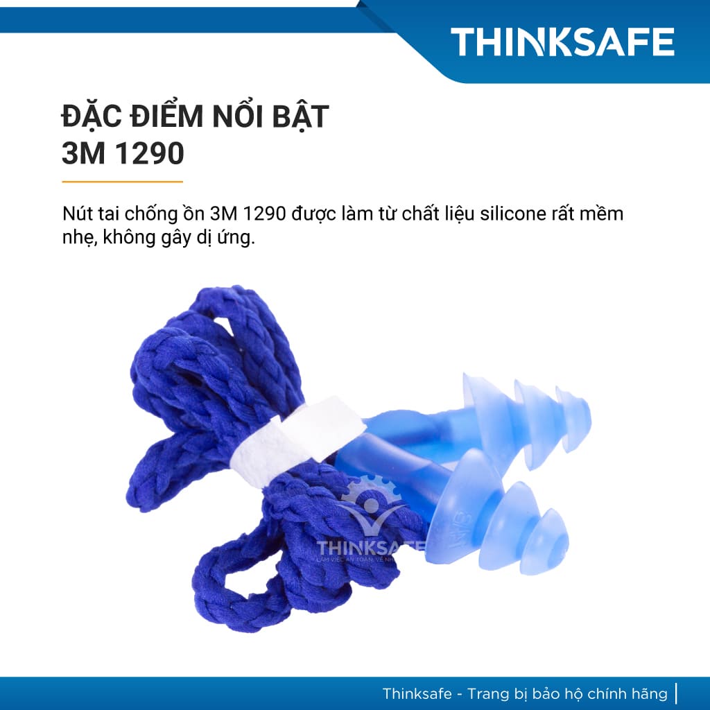 Nút tai chống ồn 3M 1290 có dây chất liệu Silicone, giảm ồn 25 dB - Xanh biển