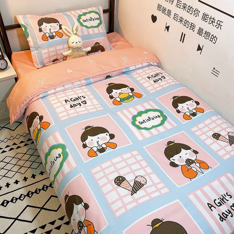 Bộ chăn ga Cotton Poly M2T bedding chăn ga Hàn Quốc họa tiết cô bé ăn kem đủ size miễn phí bo chun