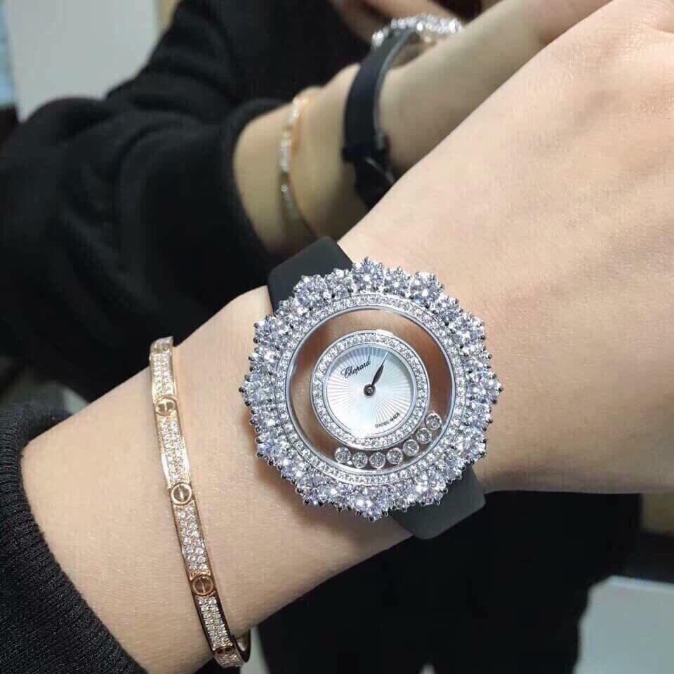 Đồng hồ Nữ Chopard đá cao cấp loại đẹp chạy pin máy nhật 32-33mm dây lụa màu đen