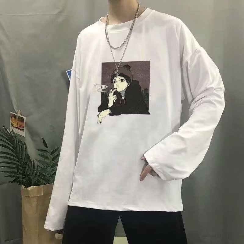Áo Thun Tay Dài Cổ Tròn Dáng Rộng In Họa Tiết Hoạt Hình Phong Cách Hip Hop Hàn Quốc Thời Trang Cho Nam Size M-5XL