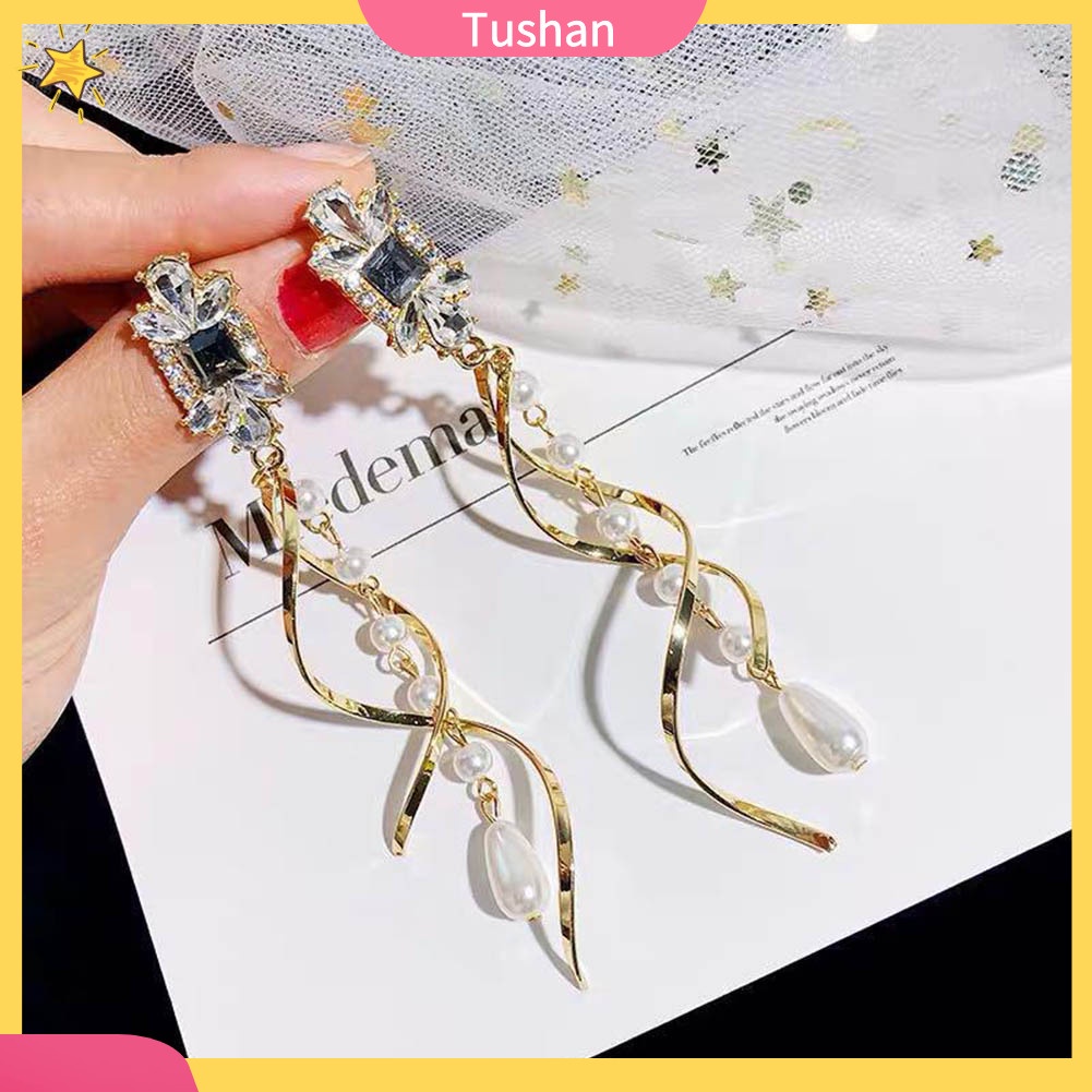 Khuyên tai dây thả xoắn dài đính đá ngọc trai giả thanh lịch
