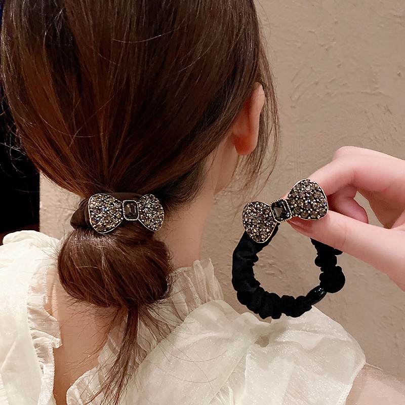 Dây buộc tóc đuôi ngựa hình nơ đính kim cương nhân tạo thời trang