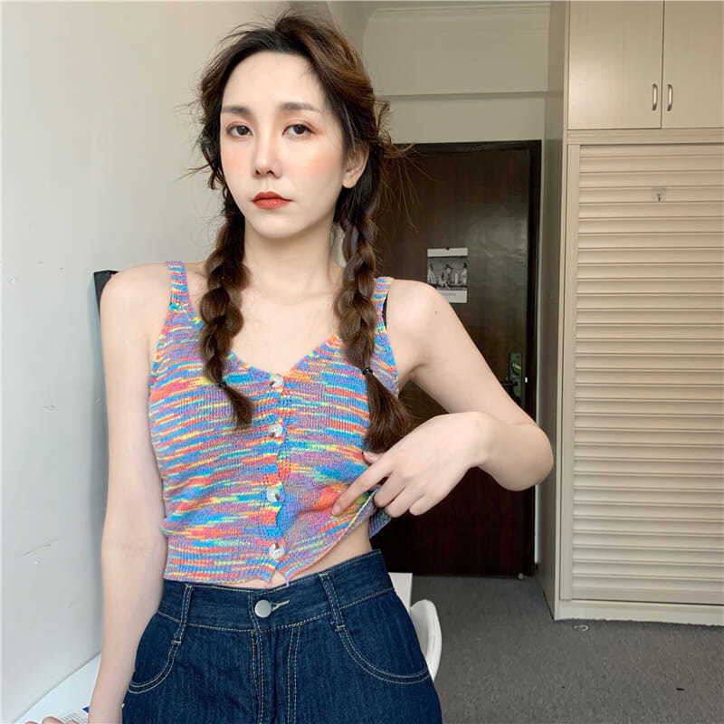 Áo dệt kim hai dây màu sắc tương phản thời trang mùa hè phong cách Hàn Quốc mới cho nữ