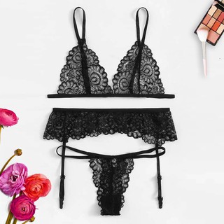 3PC Sexy Women Plus Size Lace V-Neck Bra G-String Lingerie Set  Underwear S-2XL