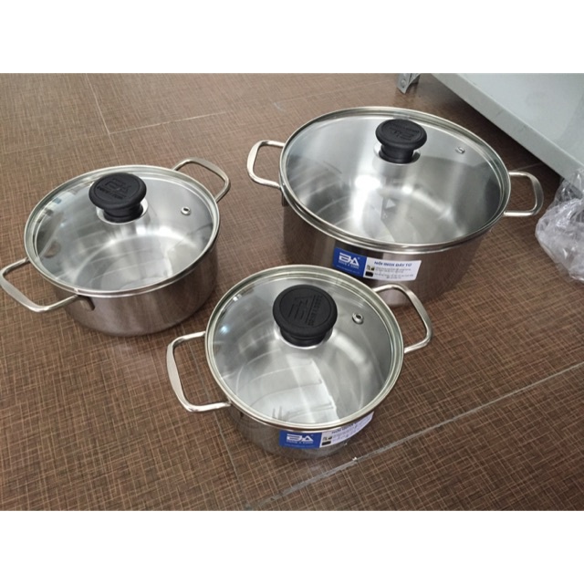 Bộ 3 Nồi inox Đông á Đáy Từ 16cm, 18cm, 24cm nắp kính [Dùng cho mọi loại bếp]