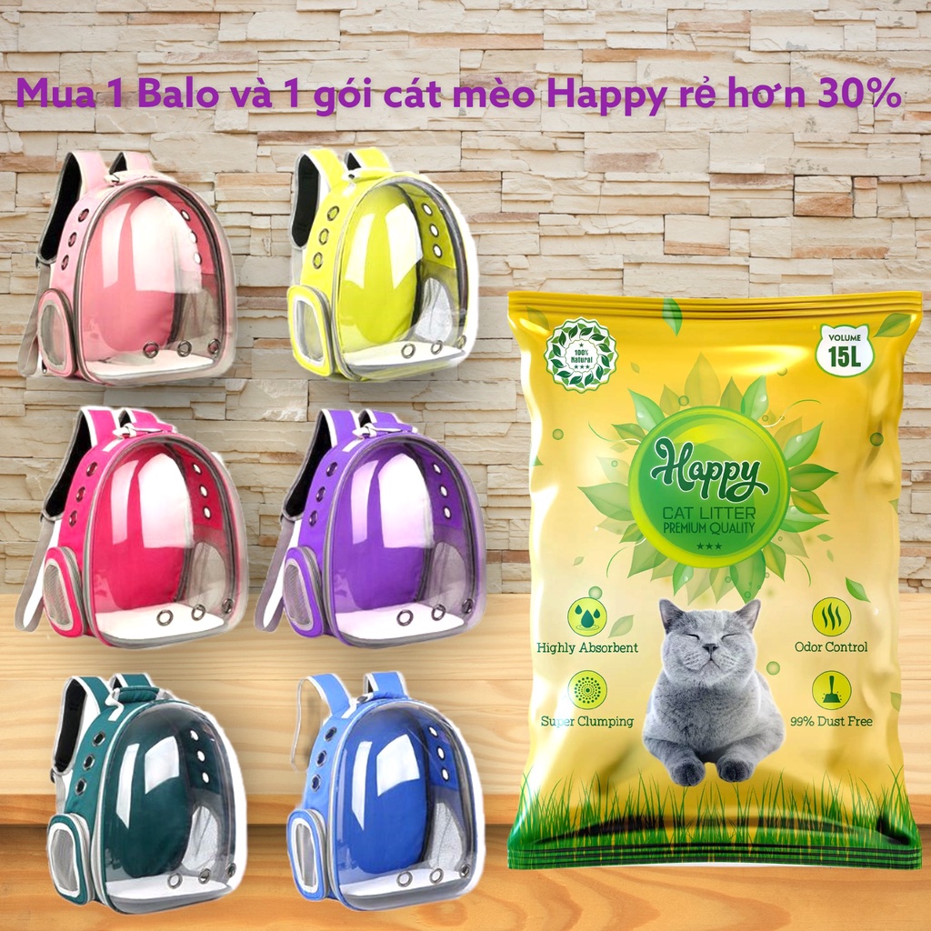 Combo Cát vệ sinh siêu kháng khuẩn Happy Cat 15l + Balo trong suốt (giảm ngay 30%)