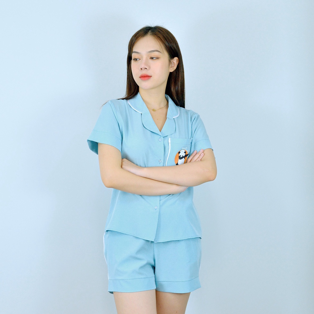 Bộ PIJIMA Nữ màu XANH NGỌC Chất Lụa  Cao Cấp - Quần đùi tay cộc IN 3D con gấu  - Dễ thương - Sang chảnh