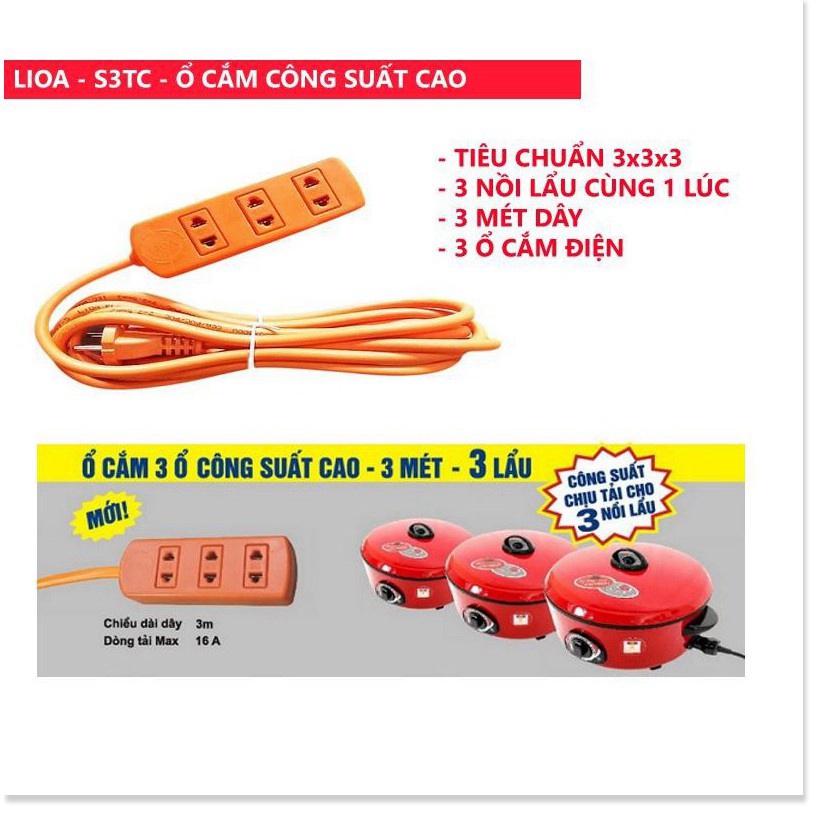 Ổ cắm kéo dài công suất cao LiOA - 4000W 3 ổ cắm 3m dây 2 lõi - S3TC Điện Lực - Điện Lực