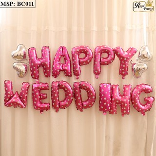 Bóng chữ happy wedding màu hồng + 4 tim