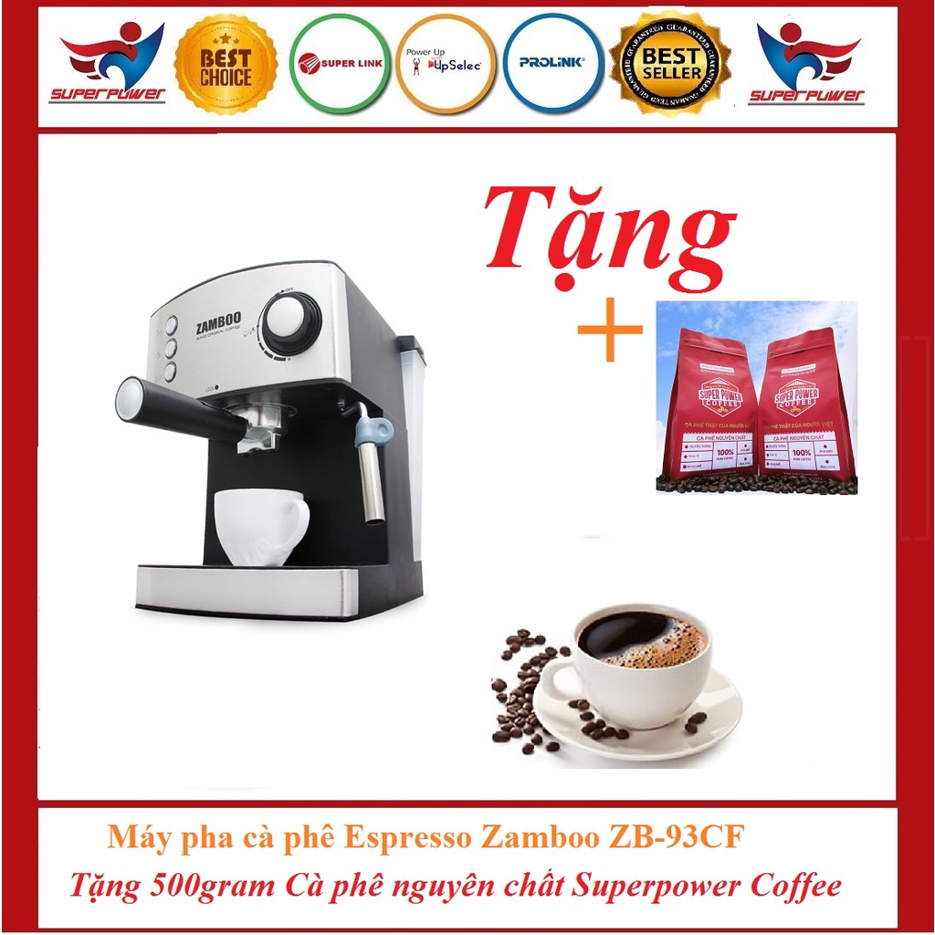 Tặng quà Máy pha cà phê Espresso Zamboo ZB-93CF (15 bar /850W/Sấy cốc, đánh sữa) Tặng kèm 500gram Superpower Coffee