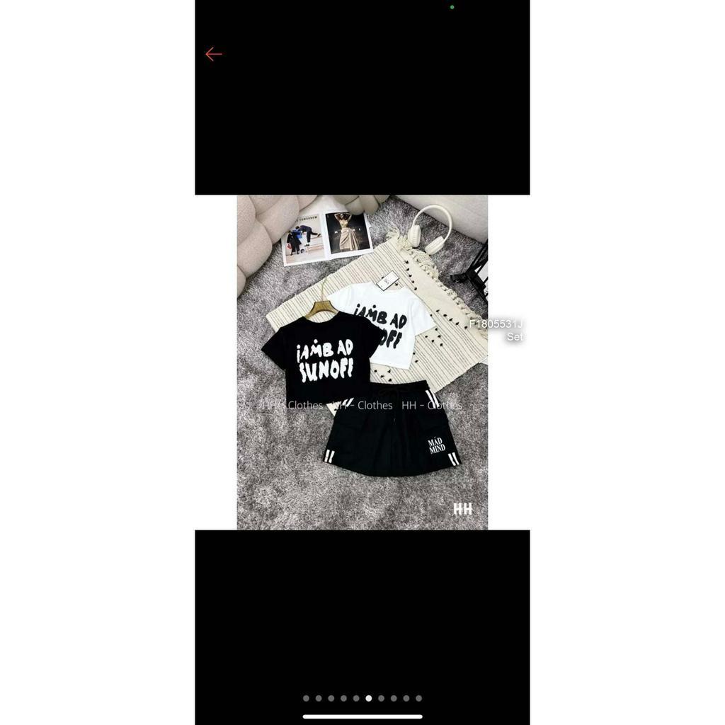 Set bộ thun thể thao áo dáng ngắn in chữ tay con kèm chân váy pha sọc trắng hai bên!