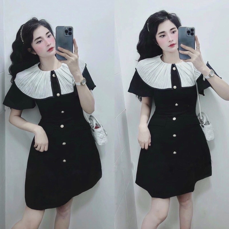 Đầm đen cố trắng xếp li