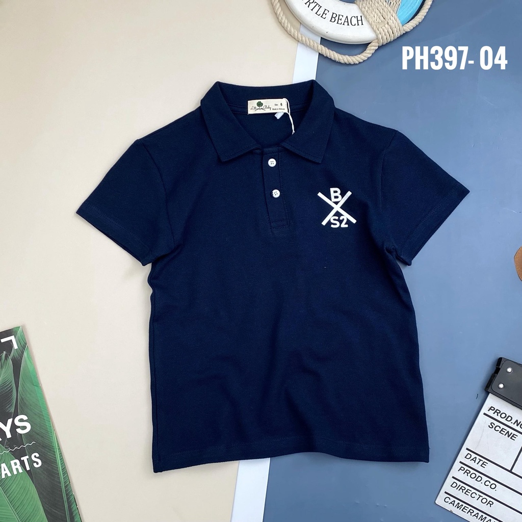 Áo phông có cổ bé trai LITIBABY, thêu chữ BS2, size 6/14T