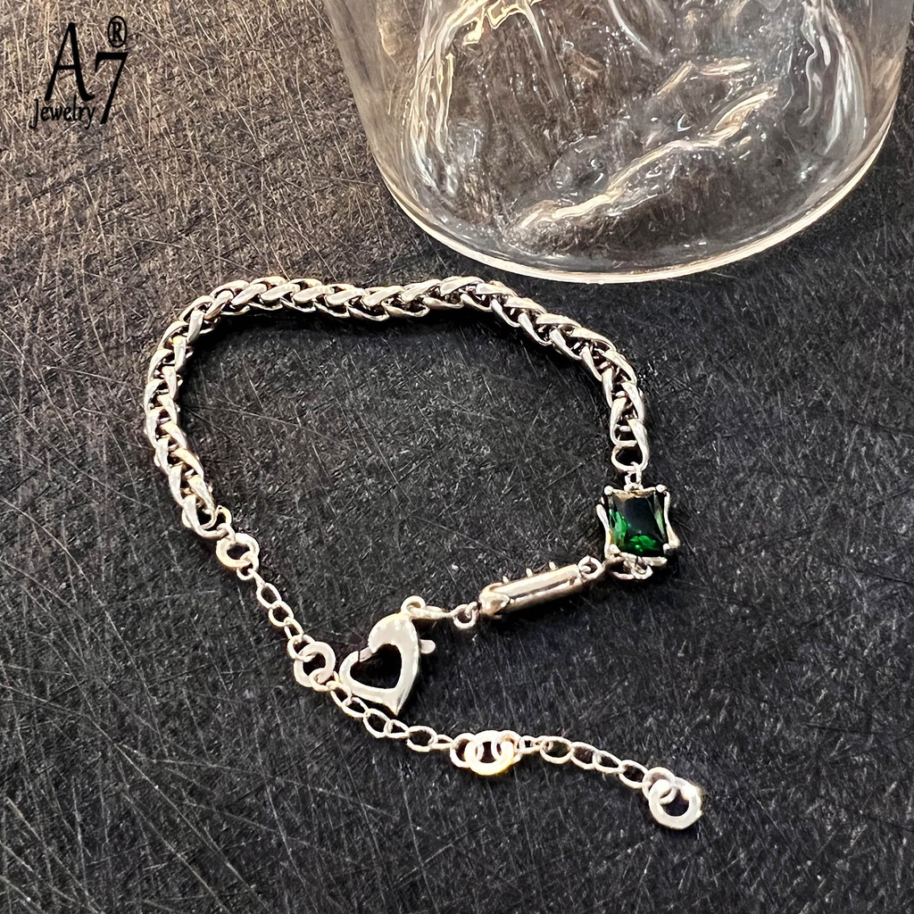 Vòng Tay Bạc Thái Lan Mặt Vuông Rỗng Đính Đá Ngọc Lục Bảo A7 Thời Trang Cho Nữ