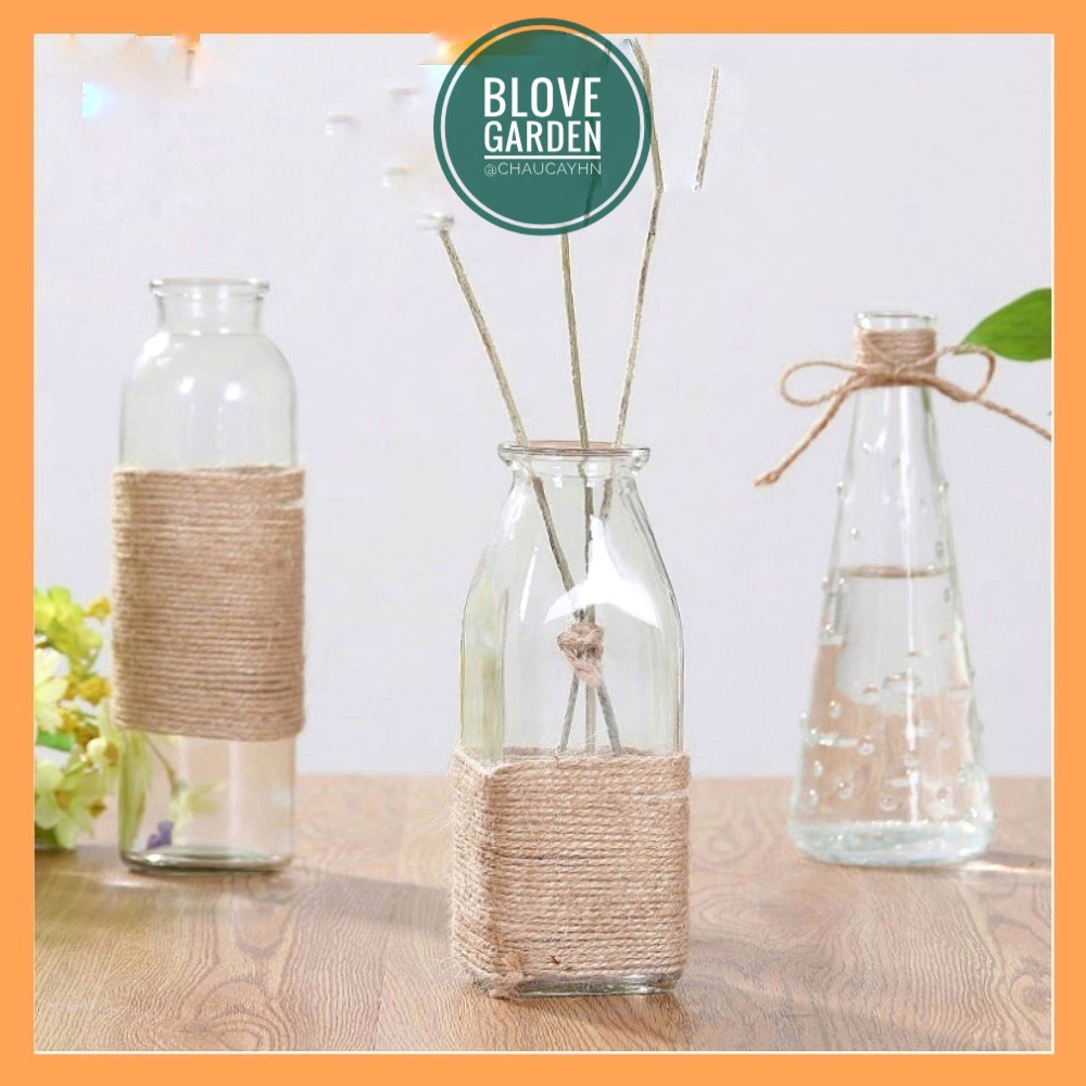 Lọ hoa thủy tinh, Bình vuông cuốn dây thừng, dây gai cuốn decor, trang trí vintage