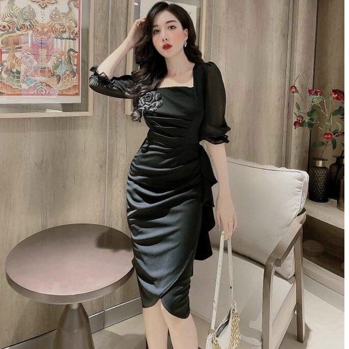 Váy đầm nữ body tay voan nhún bèo hông