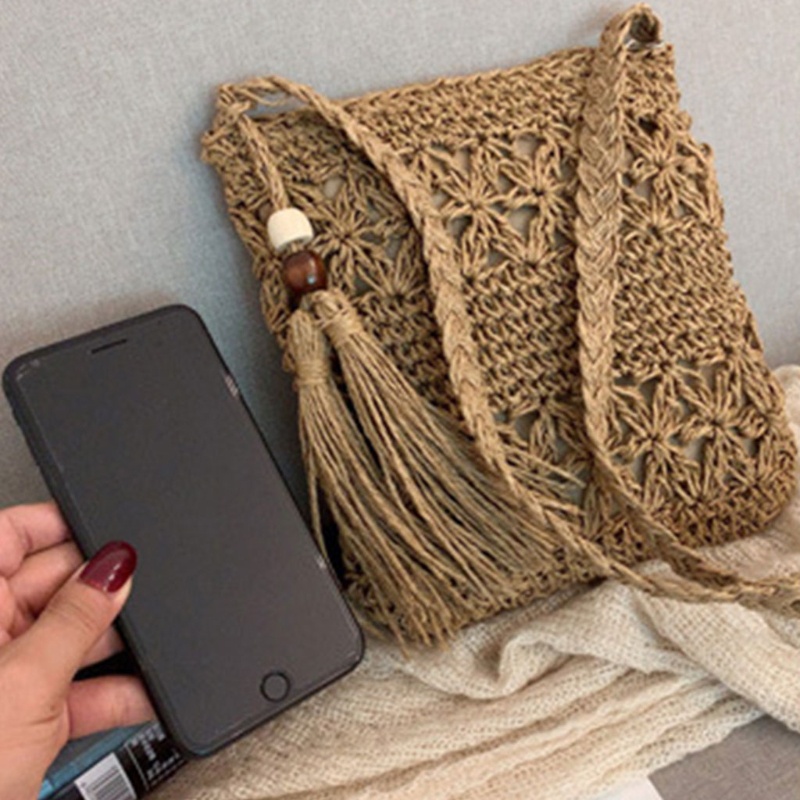 Túi cói Macrame Đan Sợi Mây Phối Tua Rua Phong Cách Boho Thời Trang Đi Biển Cho Nữ