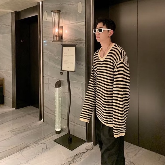 Áo Sweater Dệt Kim Tay Dài Cổ Tròn Họa Tiết Kẻ Sọc Thời Trang Mùa Thu Cho Nam