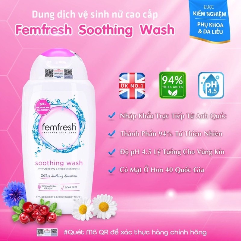 Dung dịch vệ sinh phụ nữ femfresh soothing wash 250ml Healthy Care Hoa sen hồng, tinh chất Cúc la mã