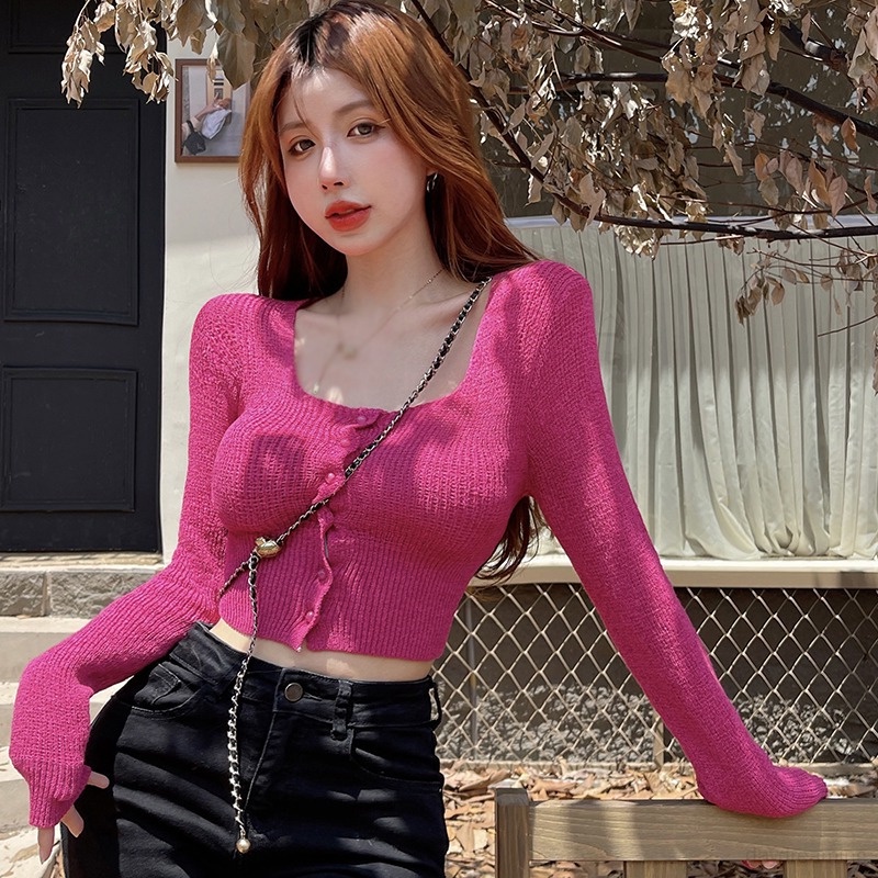 Áo Khoác Cardigan Dài Tay Cổ Vuông Màu Sắc Đơn Giản Thời Trang Hàn Quốc