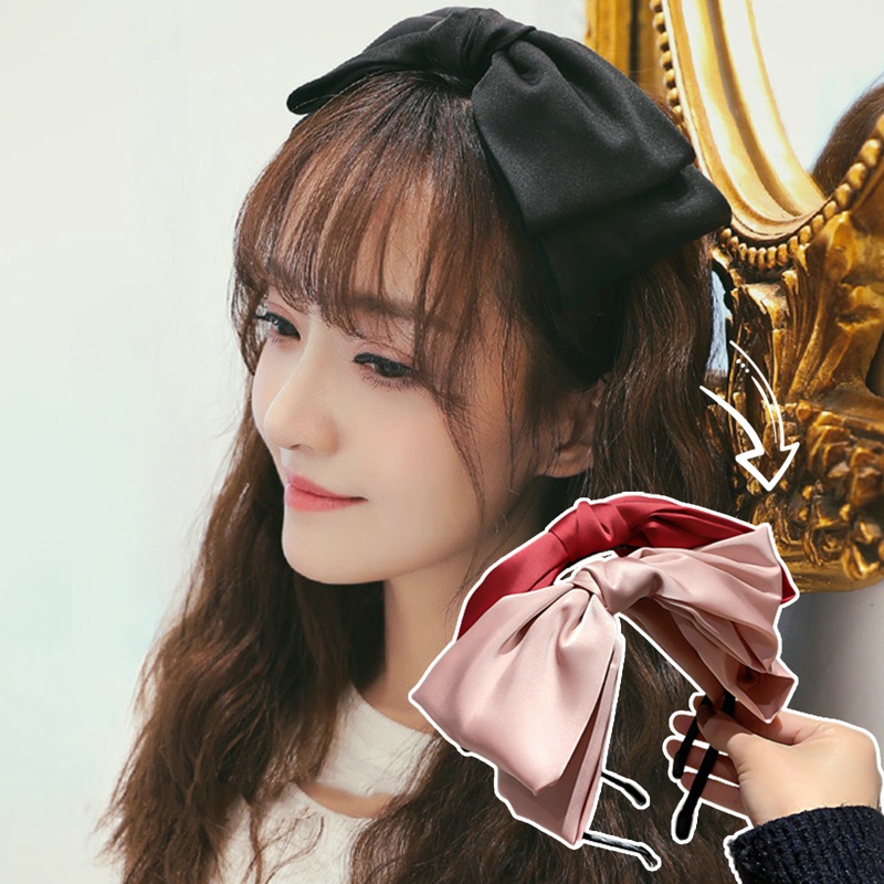 Băng Đô Cài Tóc Vải Satin Đính Nơ Lớn Kiểu Vintage Dễ Thương Thời Trang Mùa Hè Cho Bạn Gái